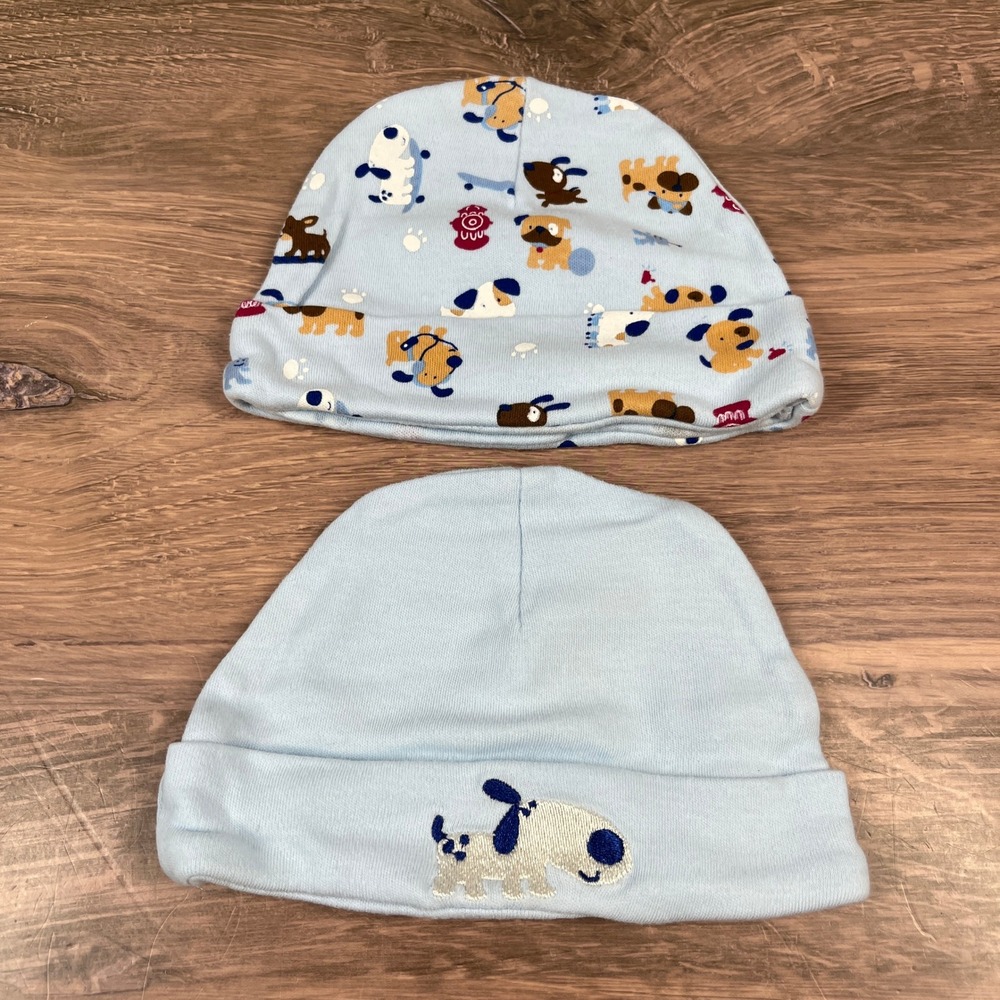 Baby Grand Baby Hats 0/3M Blue Dog Print Embroidered Cotton 2pk
